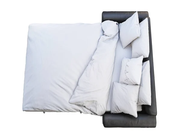 Sofá-cama moderno de cuero negro con ropa de cama y cuadros. 3d renderizar — Foto de Stock