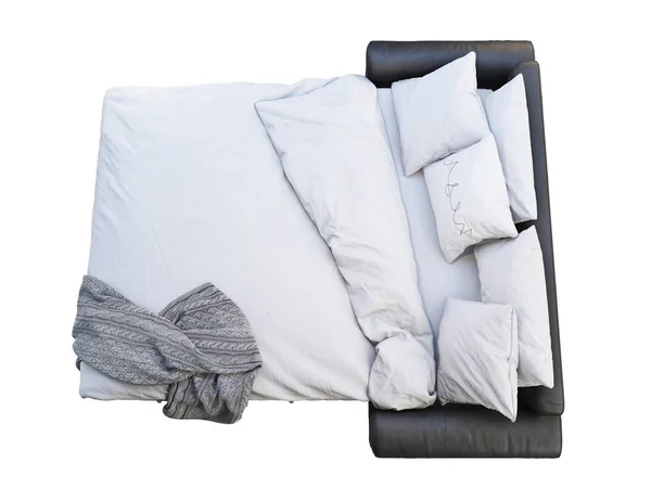 Canapé-lit moderne en cuir noir avec linge de lit et plaid. 3d rendu — Photo