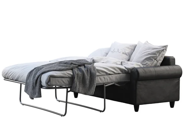 Сучасний чорний шкіряний диван-ліжко з постільною білизною та пледом. 3d візуалізація — стокове фото