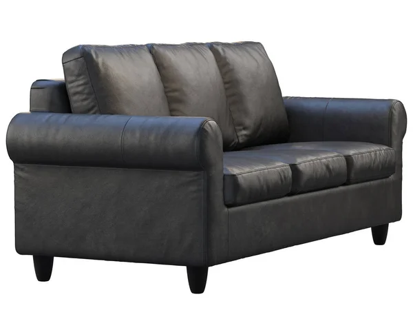 Modernes schwarzes Ledersofa mit drei Sitzen. 3D-Darstellung — Stockfoto