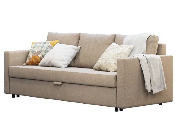 Nowoczesna sofa beżowy z tkaniny z poduszkami i rzucać. Renderowanie 3D — Zdjęcie stockowe