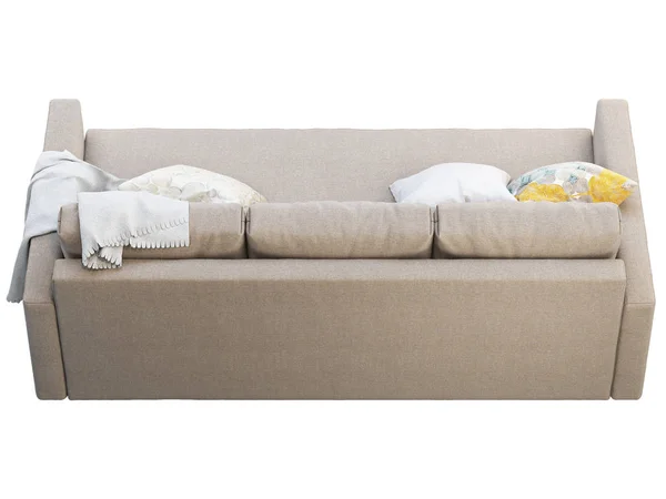 Canapé en tissu beige moderne avec oreillers et jetez. 3d rendu — Photo