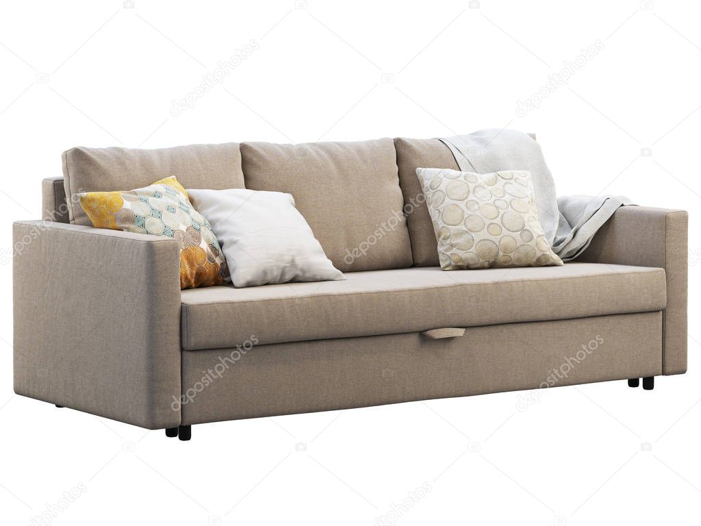 Modern beige fabric sofa with pillows and throw. 3d render