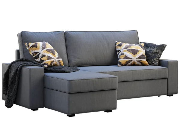 Modern mörkgrå tyg soffa med schäslong. 3D-rendering — Stockfoto