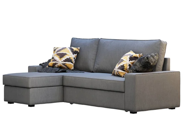 Modern dark gray fabric sofa with chaise lounge. 3d render