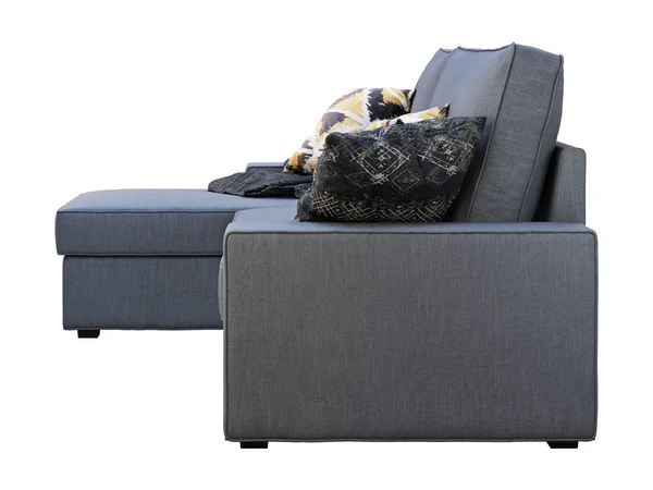 Nowoczesna ciemnoszary tkanina sofa z szezlongiem. Renderowanie 3D — Zdjęcie stockowe