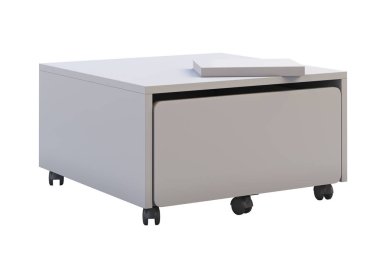 Tekerlekleri olan beyaz saklama kutusu. 3d render