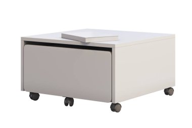 Tekerlekleri olan beyaz saklama kutusu. 3d render