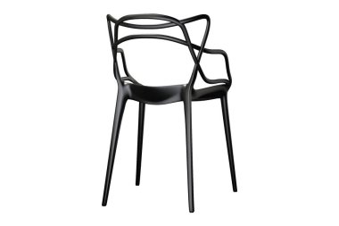 Kavisli sırt dayama ile siyah plastik orta yüzyıl sandalye. 3d render