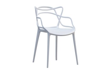 Kavisli sırt dayama ile beyaz plastik orta yüzyıl sandalye. 3d render