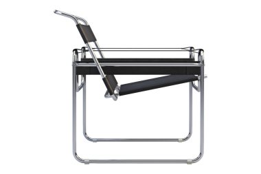 Metal bacaklı siyah deri koltuk. 3d render
