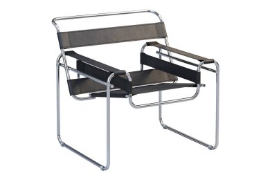 Metal bacaklı siyah deri koltuk. 3d render