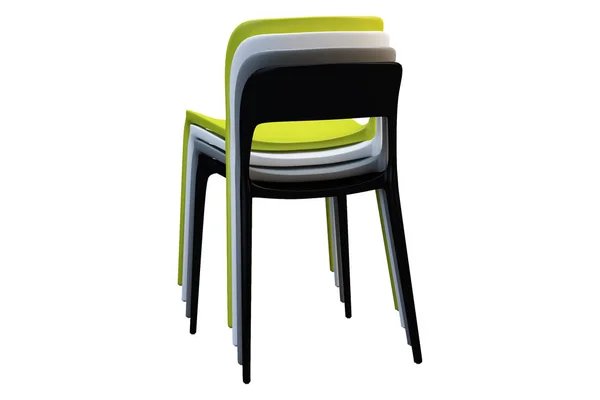 一堆五颜六色的塑料世纪中叶椅子，腿很细。3d 渲染 — 图库照片