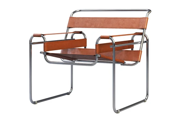 Kulit coklat kursi berlengan dengan kaki logam. render 3d — Stok Foto