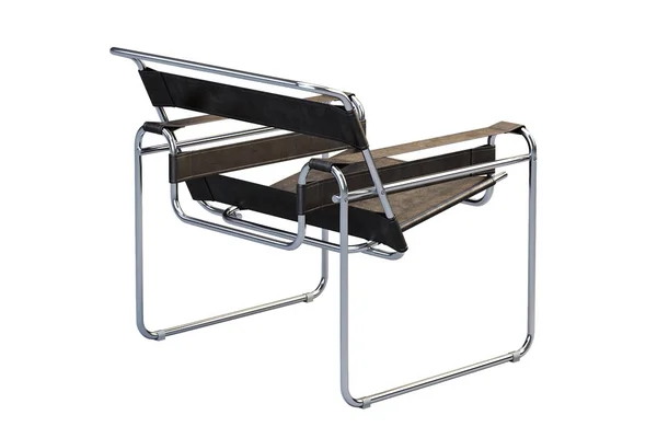 Kulit coklat gelap berlengan kursi dengan kaki logam. render 3d — Stok Foto
