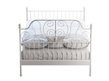 İskandinav çift katlı, beyaz çarşaflı metal bir yatak. 3d hazırlayıcı