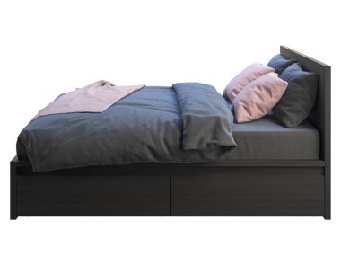 Depolama kutuları ve pembe aksanlı siyah ahşap yatak. 3d hazırlayıcı