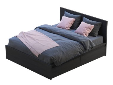 Depolama kutuları ve pembe aksanlı siyah ahşap yatak. 3d hazırlayıcı