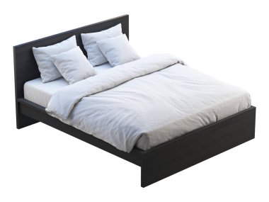 Black wooden double bed with white linen. 3d render clipart