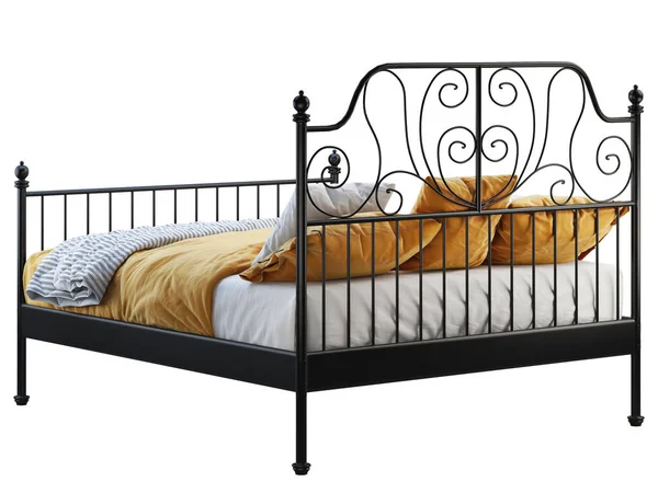 Scandinavisch dubbel metalen frame bed met oranje linnen. 3d renderen — Stockfoto