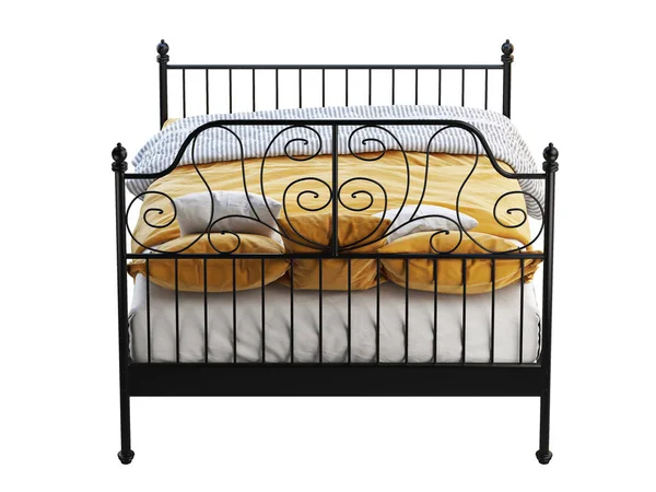 Skandynawskie podwójne metalowe łóżko ramowe z pomarańczową pościelą. 3d renderowanie — Zdjęcie stockowe