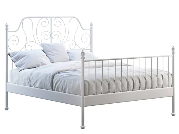 Scandinavian double metal frame bed with white linen. 3d render