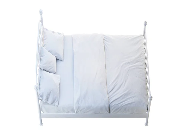 Bingkai tempat tidur logam ganda Skandinavia dengan linen putih. render 3d — Stok Foto