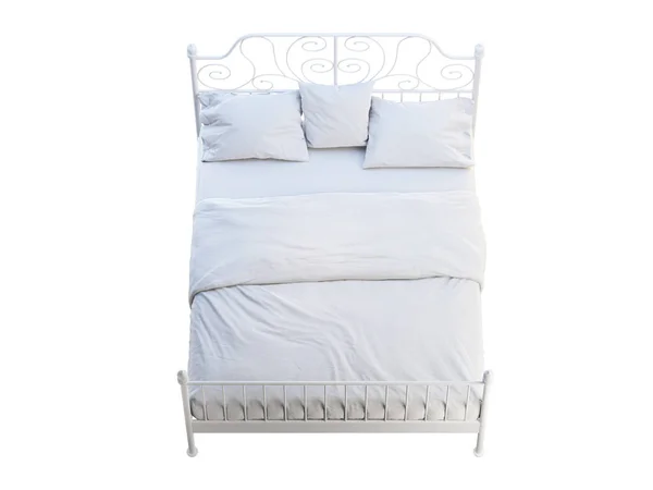Bingkai tempat tidur logam ganda Skandinavia dengan linen putih. render 3d — Stok Foto