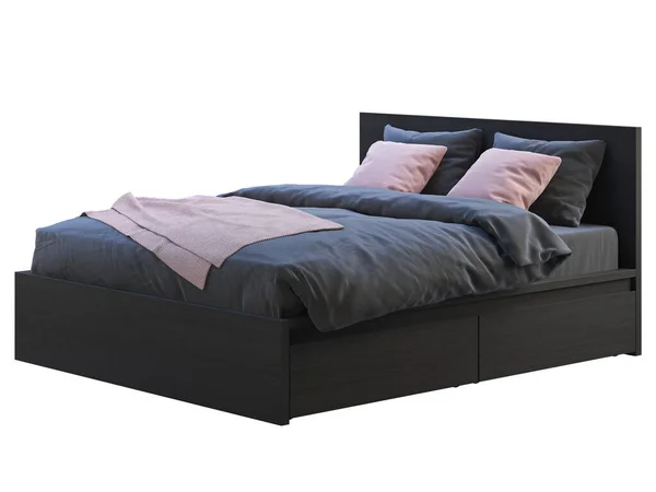 Μαύρο ξύλινο διπλό κρεβάτι με αποθηκευτικά κουτιά και ροζ αποχρώσεις. 3d απόδοση — Φωτογραφία Αρχείου