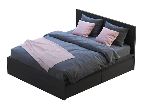 Black wooden double bed with storage boxes and pink accents. 3d render