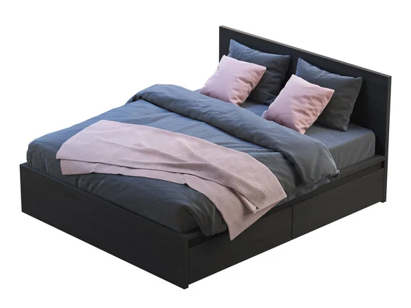 Чорне дерев'яне двоспальне ліжко з коробками для зберігання та рожевими акцентами. 3d візуалізація — стокове фото