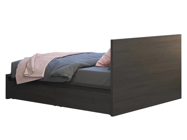 黑色木制双人床，有储物箱和粉色口音。 3D渲染 — 图库照片
