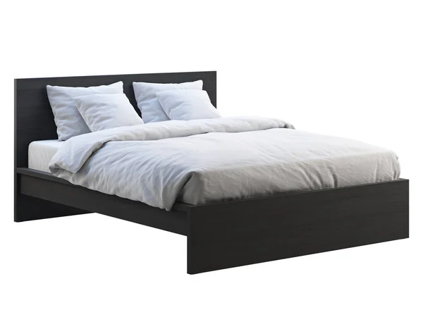 Black wooden double bed with white linen. 3d render — Stock Photo, Image