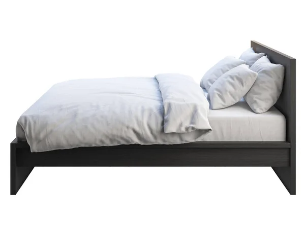 Schwarzes Holzdoppelbett mit weißer Bettwäsche. 3D-Darstellung — Stockfoto