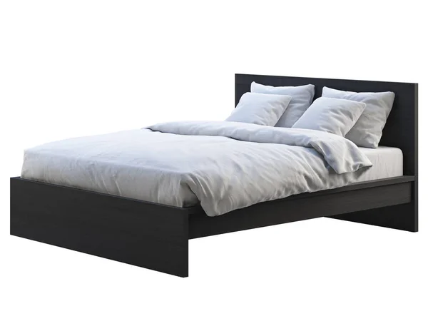 Black wooden double bed with white linen. 3d render — Stock Photo, Image