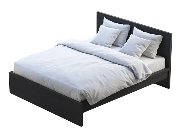 Μαύρο ξύλινο διπλό κρεβάτι με λευκά λινά. 3d απόδοση — Φωτογραφία Αρχείου