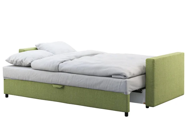 Kulit hitam modern sofa-tempat tidur dengan linen tidur dan kotak-kotak. render 3d — Stok Foto