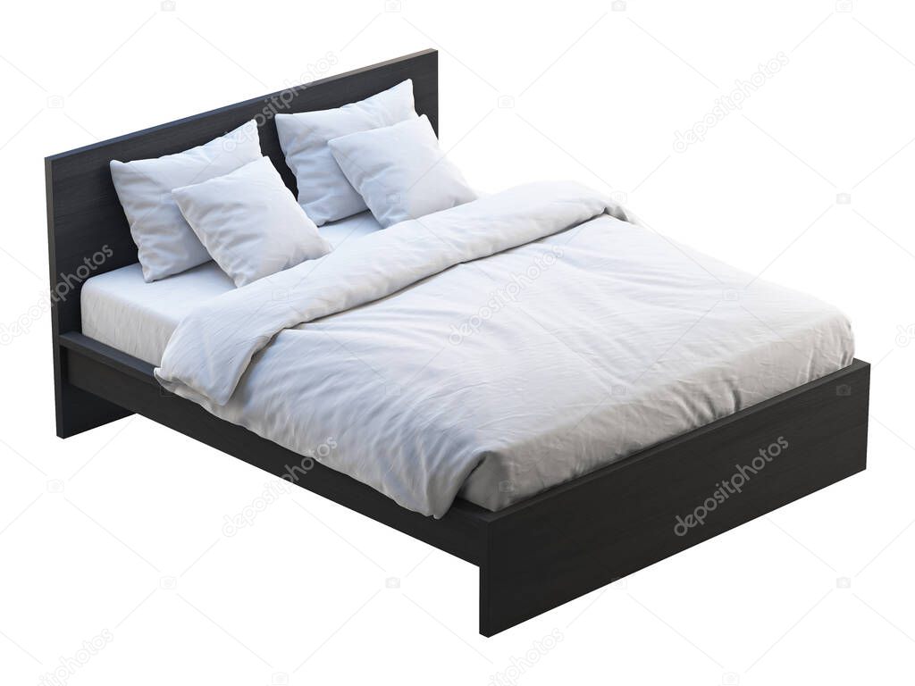 Black wooden double bed with white linen. 3d render