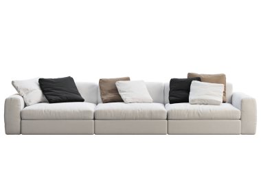 Modern beyaz kumaş kanepe. Beyaz arka planda renkli yastıkları olan tekstil döşeme kanepesi. Yüzyılın ortalarında, Modern, Çatı katı, Chalet, İskandinav iç mimarisi. 3d hazırlayıcı