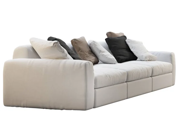 现代白色面料沙发 白色背景上有彩色枕头的纺织品室内装饰沙发 世纪中叶 查莱特 斯堪的纳维亚内陆 3D渲染 — 图库照片