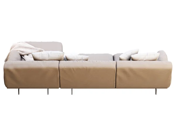 モダンなベージュ生地のソファ テキスタイル張りのチェースラウンジソファ枕と白い背景にスローされます 半世紀 ロフト シャレー 北欧インテリア 3Dレンダリング — ストック写真