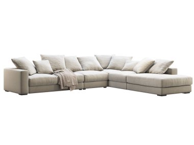 Modern açık bej kumaş kanepe. Yastıklı tekstil döşeme köşesi kanepesi ve beyaz arka plana ekose dök. Yüzyılın ortalarında, Modern, Çatı katı, Chalet, İskandinav iç mimarisi. 3d hazırlayıcı