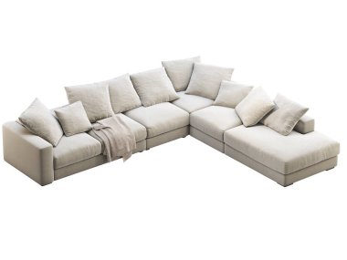 Modern açık bej kumaş kanepe. Yastıklı tekstil döşeme köşesi kanepesi ve beyaz arka plana ekose dök. Yüzyılın ortalarında, Modern, Çatı katı, Chalet, İskandinav iç mimarisi. 3d hazırlayıcı