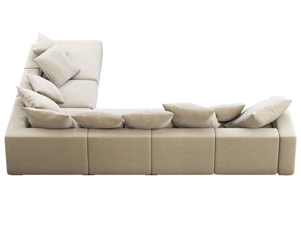 モダンなライトベージュのファブリックソファ 枕付きの繊維張りのコーナーソファと白い背景に再生スローします 半世紀 ロフト シャレー 北欧インテリア 3Dレンダリング — ストック写真