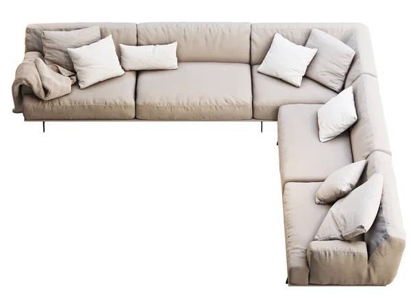 モダンなライトベージュのファブリックソファ 枕付きの繊維張りのコーナーソファと白い背景にスローされます 半世紀 ロフト シャレー 北欧インテリア 3Dレンダリング — ストック写真
