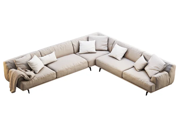 Modernes Sofa Aus Hellbeigem Stoff Textilpolster Ecksofa Mit Kissen Und — Stockfoto