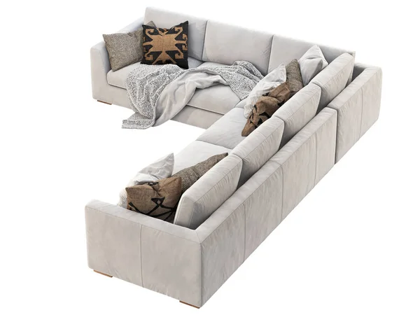 彩绘模块化锥形皮革沙发 皮革室内装饰的角落沙发与枕头和白色背景的格子 世纪中叶 查莱特 斯堪的纳维亚内陆 3D渲染 — 图库照片