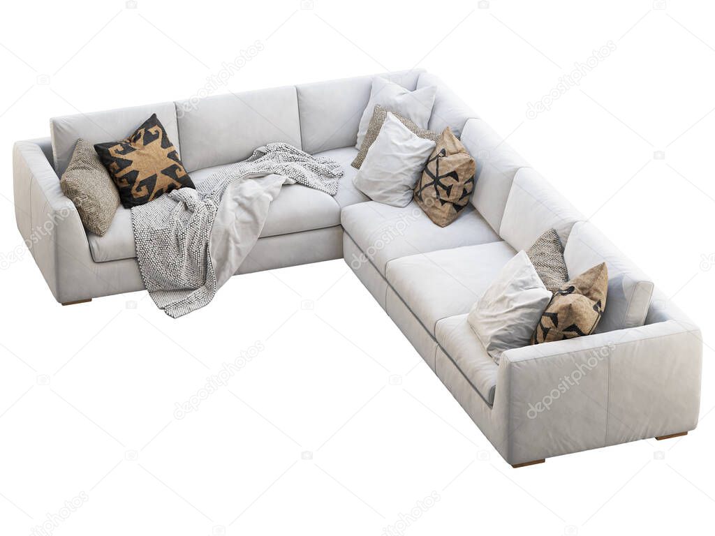 Chalet modular coner leather sofa. Leather upholstery corner sofa with pillows and plaid on white background. Mid-century, Loft, Chalet, Scandinavian interior. 3d render