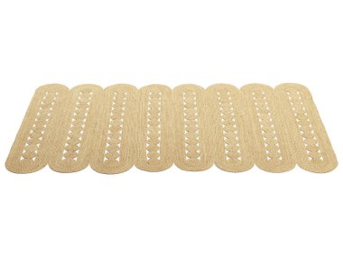 Beyaz arka planda modern bej örülmüş lifli kenevir kürkü. Yüzyılın ortalarında, Farmhouse, Etnik, Chalet, İskandinav iç mimarisi. 3d hazırlayıcı