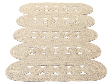 Beyaz arka planda fiber jüt halısı örülmüş küçük modern fildişi. Yüzyılın ortalarında, Farmhouse, Etnik, Chalet, İskandinav iç mimarisi. 3d hazırlayıcı